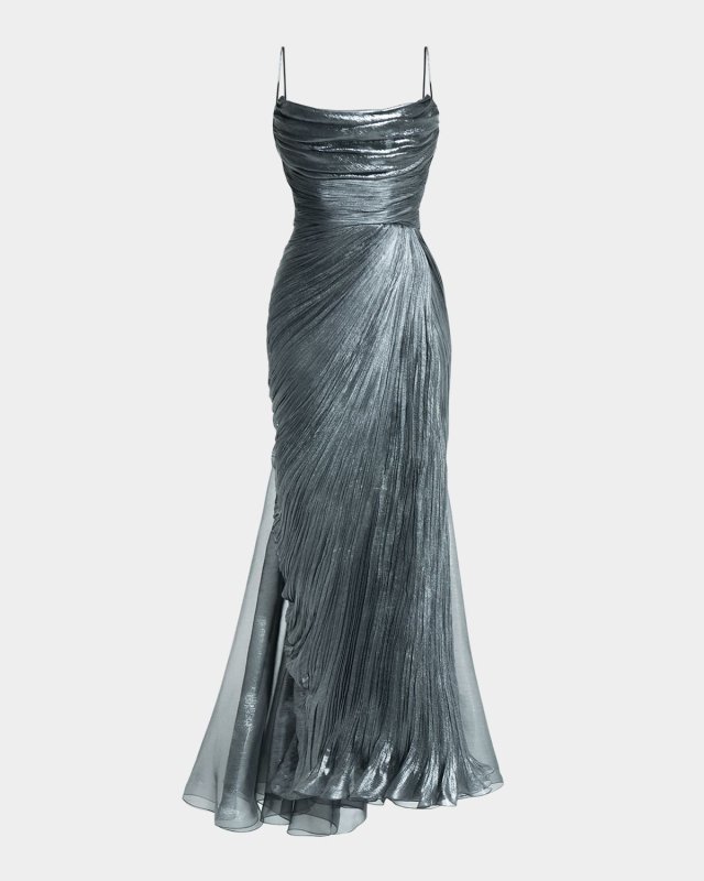 Regina Cowl-Neck Metallic Plisse Ankle Gown